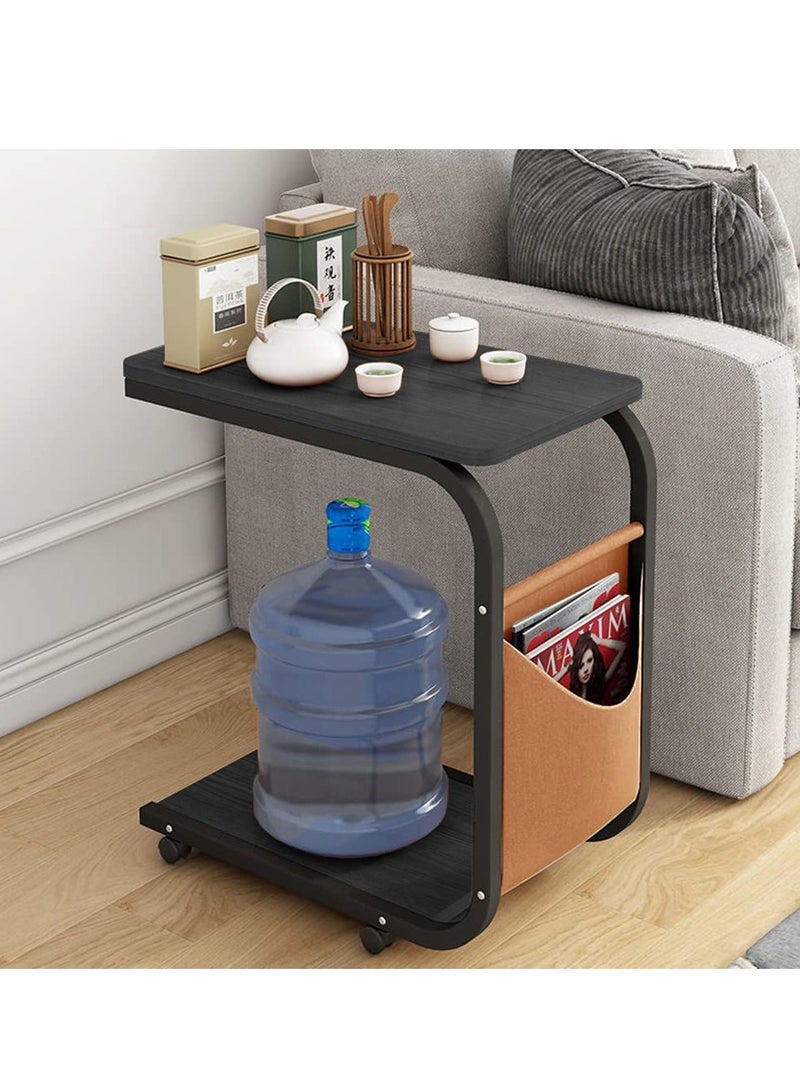 شو وو طاولة جانبية ضيقة للكمبيوتر المحمول على الطراز الحديث على شكل حرف C مع عجلات للوجبات الخفيفة وجيب جانبي لغرفة المعيشة وغرفة النوم وسرير أريكة - Image 2