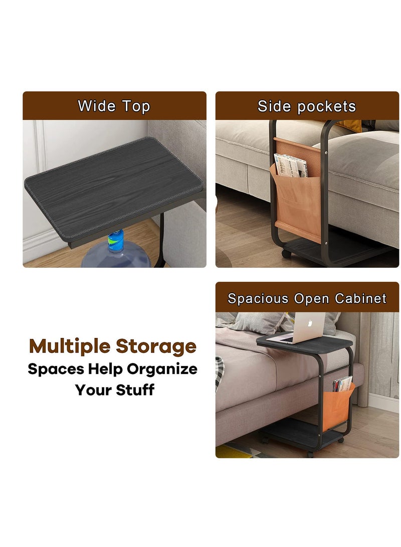 شو وو طاولة جانبية ضيقة للكمبيوتر المحمول على الطراز الحديث على شكل حرف C مع عجلات للوجبات الخفيفة وجيب جانبي لغرفة المعيشة وغرفة النوم وسرير أريكة - Image 4