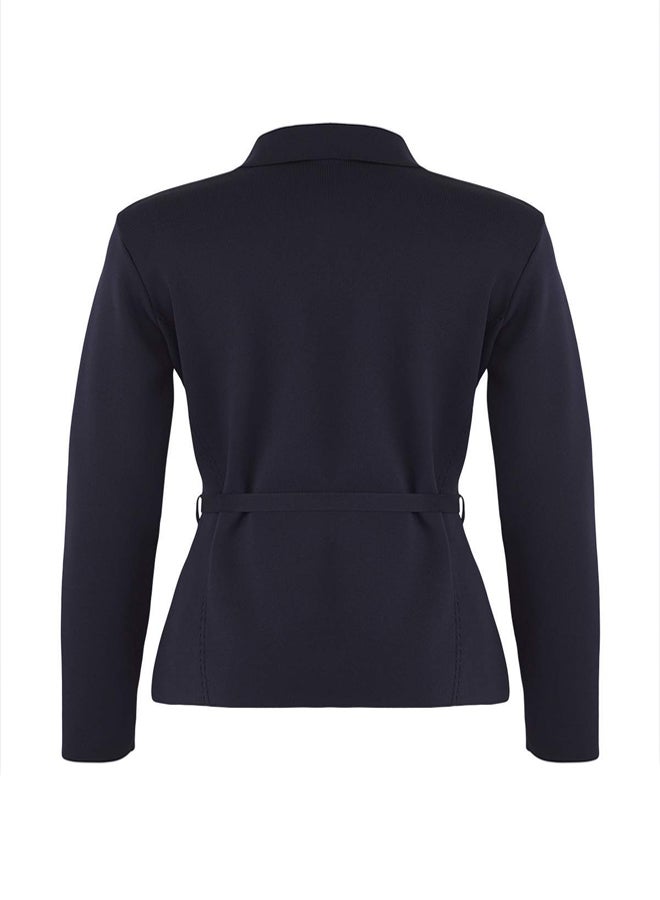 trendyol Special Collection Navy Blue Belted Polo Neck Knitwear Cardigan - Image 5