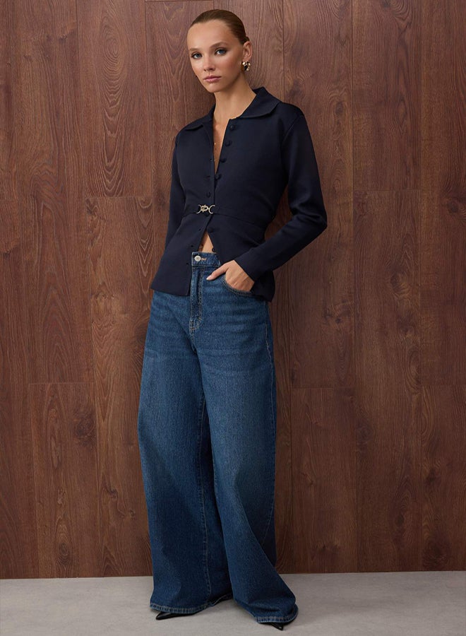 trendyol Special Collection Navy Blue Belted Polo Neck Knitwear Cardigan - Image 2