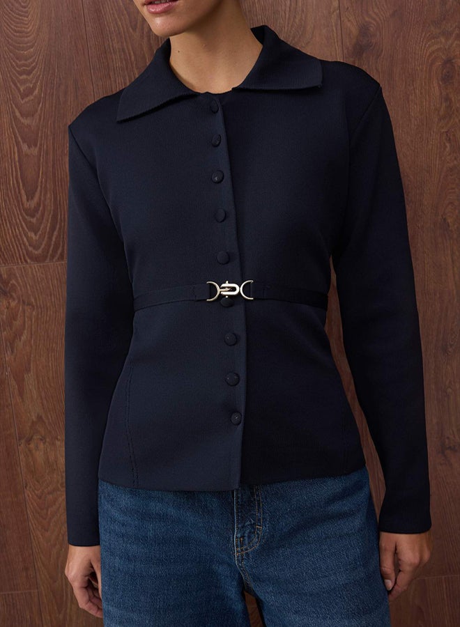 trendyol Special Collection Navy Blue Belted Polo Neck Knitwear Cardigan - Image 3
