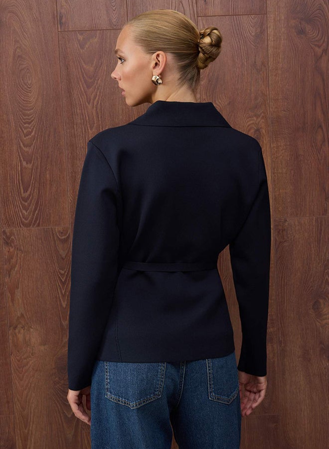 trendyol Special Collection Navy Blue Belted Polo Neck Knitwear Cardigan - Image 4