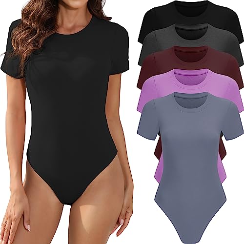 MLYENX 5 Pack Body Suits for Womens Short Sleeve Round Neck Casual Stretchy Basic T Shirt Bodysuit Tops L - Image 5