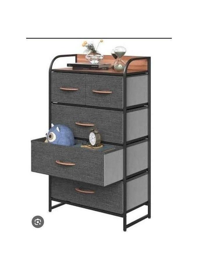 5-Drawer Fabric Storage Organizer Unit with Wooden Top, Metal Frame & Wheels - Grey, 58x39x104 cm - Image 4