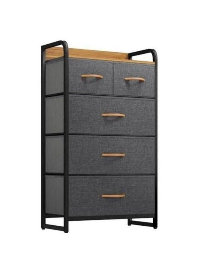 5-Drawer Fabric Storage Organizer Unit with Wooden Top, Metal Frame & Wheels - Grey, 58x39x104 cm - Image 1