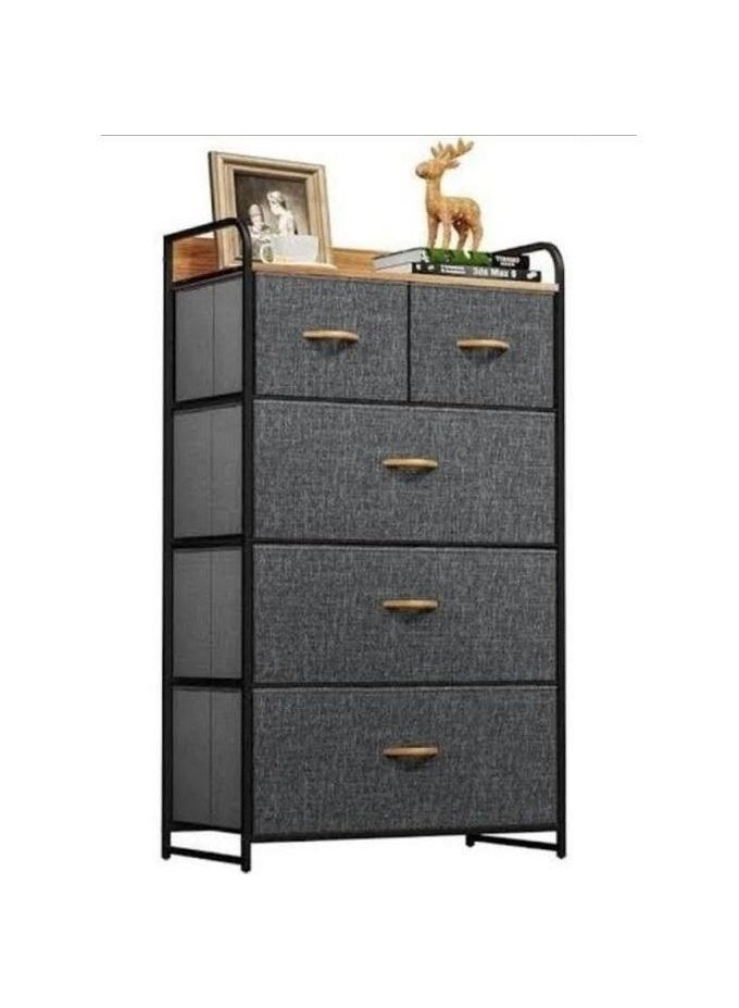 5-Drawer Fabric Storage Organizer Unit with Wooden Top, Metal Frame & Wheels - Grey, 58x39x104 cm - Image 3