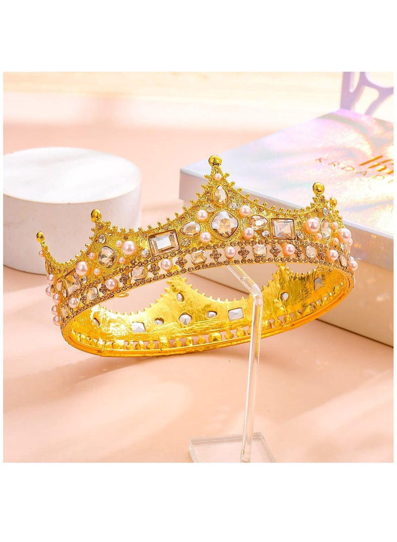 SOLARAE King Crown for Men and Women, Pearls and Crystal Prince Crown for Boy Round Royal Gold Crowns for Birthdays Wedding Party Prom Cosplay - Image 2
