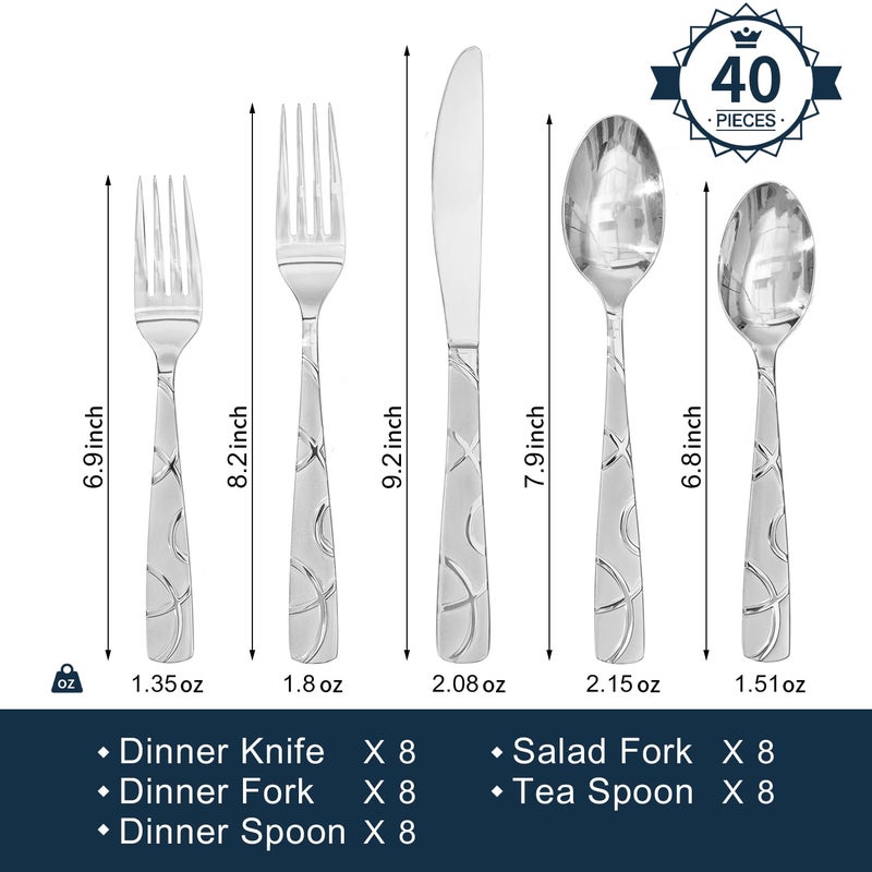 HIKAA 40PCS Stainless Steel Silverware Set, Modern Flatware Set for Kitchen, Mirror Polished Cutlery Set with Forks, Spoons and Knivesï¼ŒDishwasher Safe - Image 3