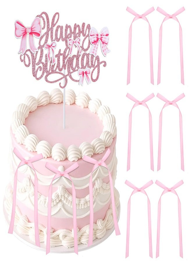 Yuomeaz 7 Pcs Pink Bows for Cakes, Pink Bow Cake Toppers, Small Ribbon Bow Happy Birthday Cake Decorations for Christmas, Party, Anniversary, Wedding - Image 1