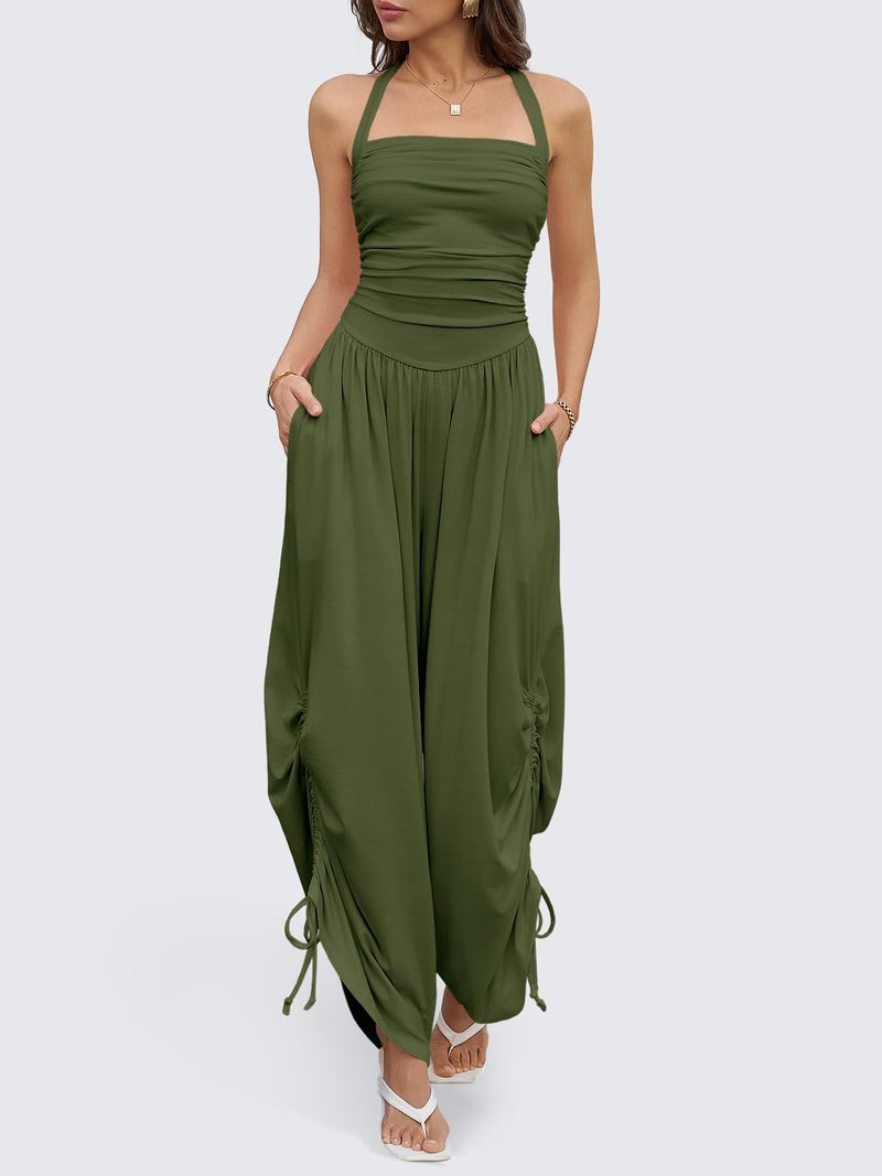Fisoew Womens Casual Jumpsuits Summer Halter Straps Sleeveless Overalls Ruched Barrel Wide Leg Side-Cinch Long Pant Rompers - Image 2