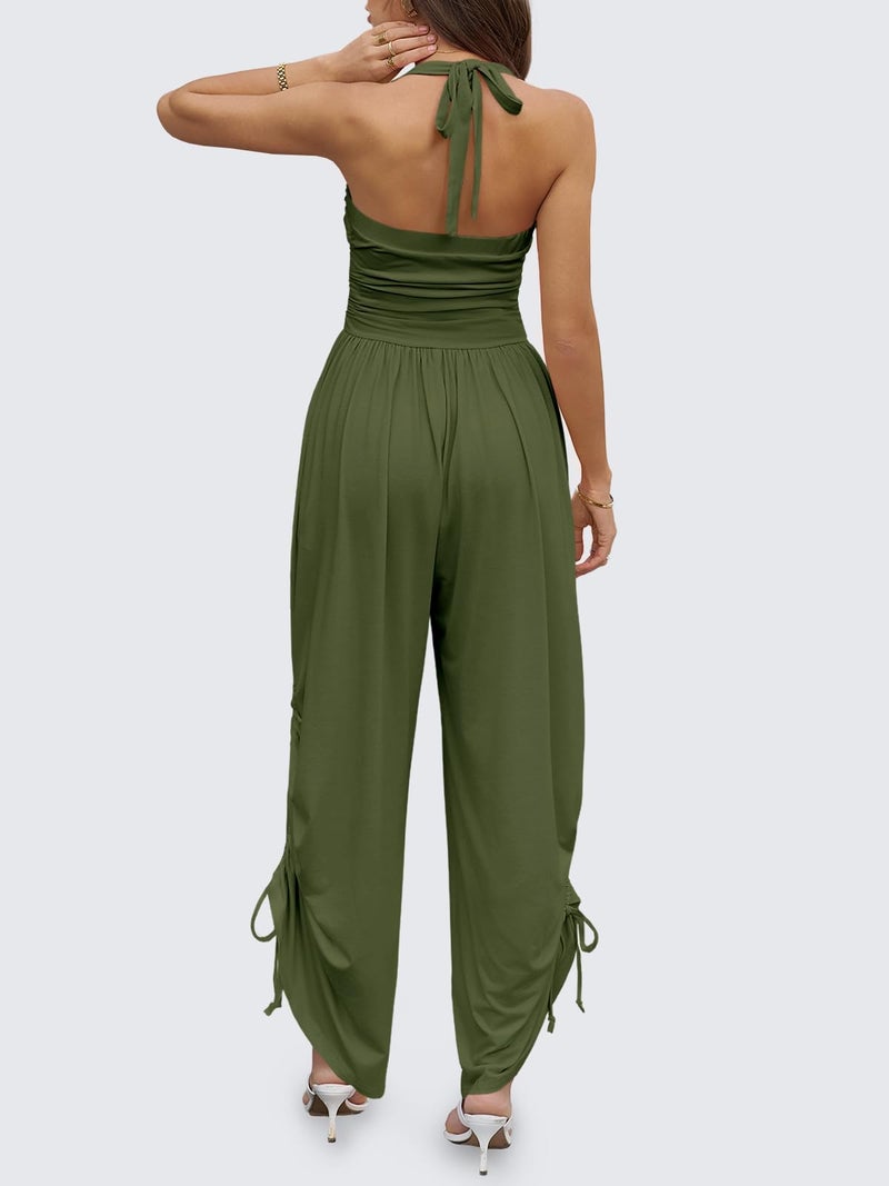 Fisoew Womens Casual Jumpsuits Summer Halter Straps Sleeveless Overalls Ruched Barrel Wide Leg Side-Cinch Long Pant Rompers - Image 3