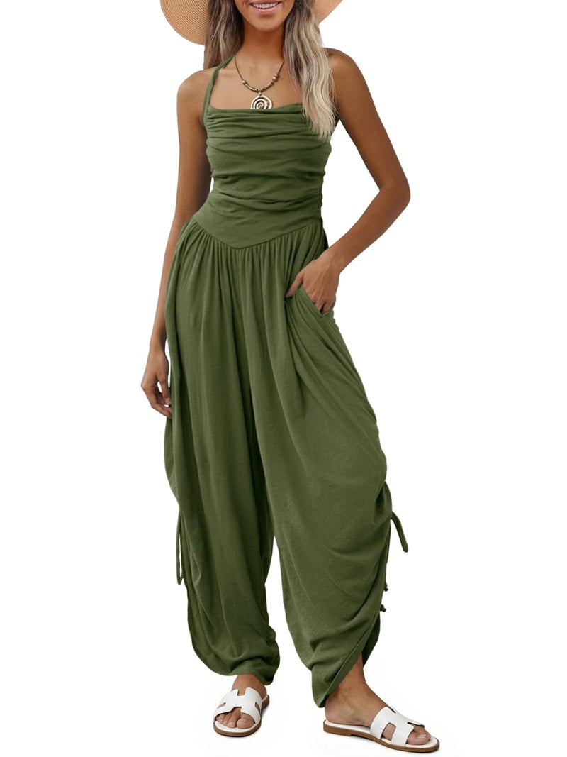 Fisoew Womens Casual Jumpsuits Summer Halter Straps Sleeveless Overalls Ruched Barrel Wide Leg Side-Cinch Long Pant Rompers - Image 1