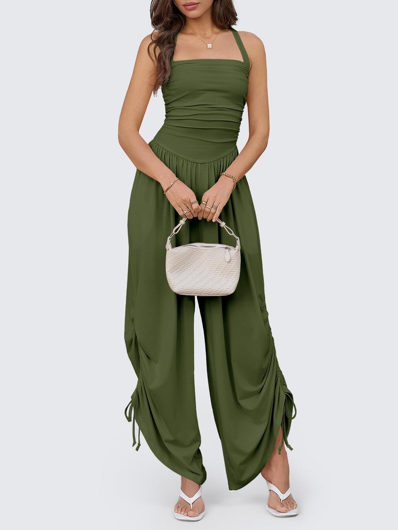 Fisoew Womens Casual Jumpsuits Summer Halter Straps Sleeveless Overalls Ruched Barrel Wide Leg Side-Cinch Long Pant Rompers - Image 5