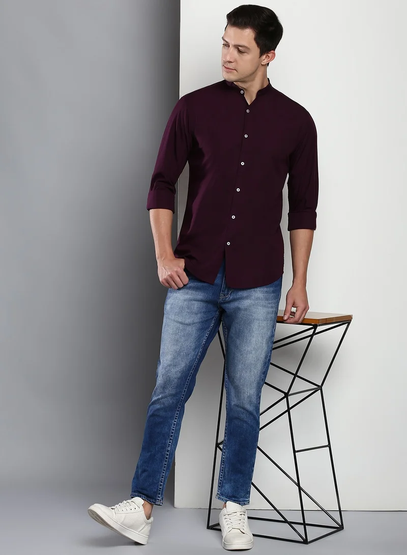 Dennis Lingo Men's Purple Slim Fit Casual Spread Shirt