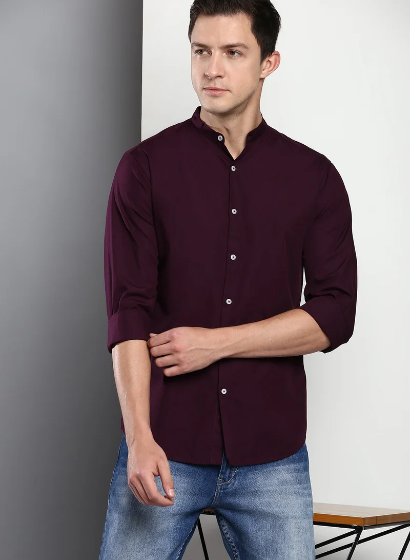 Dennis Lingo Men's Purple Slim Fit Casual Spread Shirt