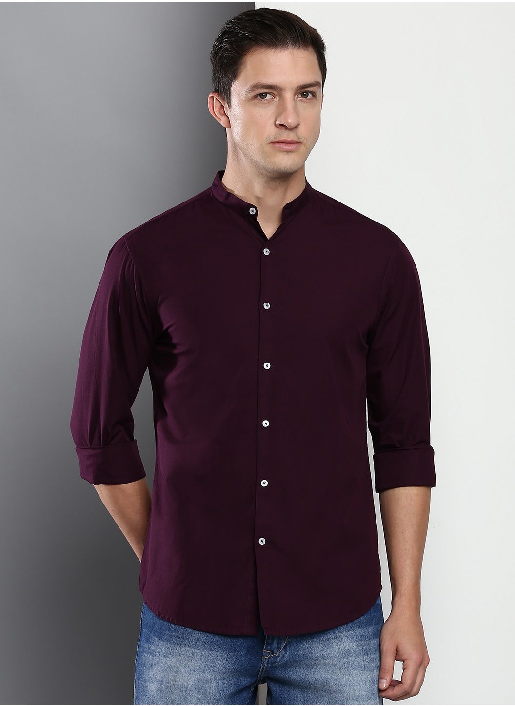 Dennis Lingo Men's Purple Slim Fit Casual Spread Shirt 