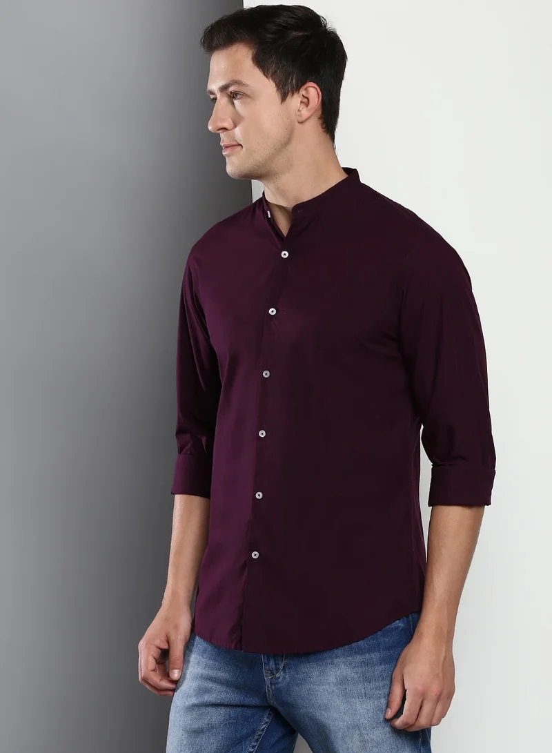 Dennis Lingo Men's Purple Slim Fit Casual Spread Shirt