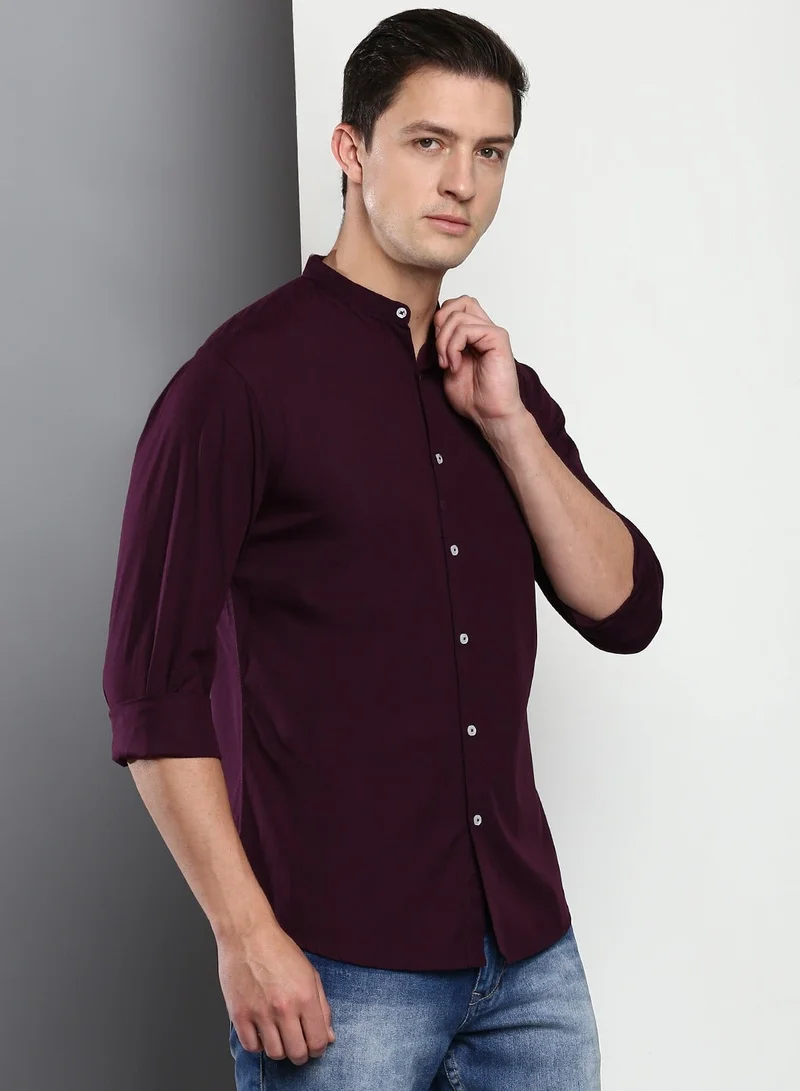 Dennis Lingo Men's Purple Slim Fit Casual Spread Shirt