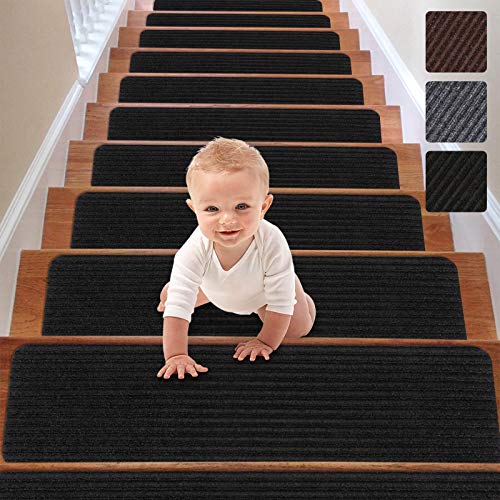 RIOLAND Stair Treads Carpet Non-Slip Indoor Stair Runners for Wooden Steps, Stair Rugs for Kids and Dogs, Set of 15, 8" X 30", Black - Image 1