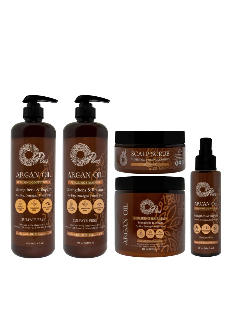 Argan Hair Treatment Set: Shampoo 1000 ml, Conditioner 1000 ml, Bath Oil 500 ml, Serum 120 ml, and Scalp Scrub 200 ml. - pzsku/ZFE357AD8CC8EC3E61CA5Z/45/_/1697713722/3f5cc62b-e972-4b41-8469-86aaf7866e17