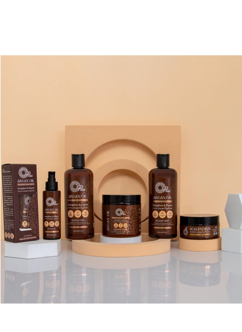 Argan Hair Treatment Set: Shampoo 1000 ml, Conditioner 1000 ml, Bath Oil 500 ml, Serum 120 ml, and Scalp Scrub 200 ml. - pzsku/ZFE357AD8CC8EC3E61CA5Z/45/_/1697713727/e212b923-4934-450b-a3a5-92a50e5ce751