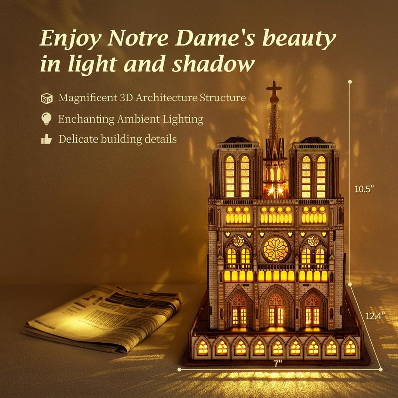 FUNPOLA LED 3D Wood Puzzle - Notre Dame de Paris Architecture Model-Night Edition with LED Lighting- DIY Building Model Craft Kit, Architecture Building Set - Image 3