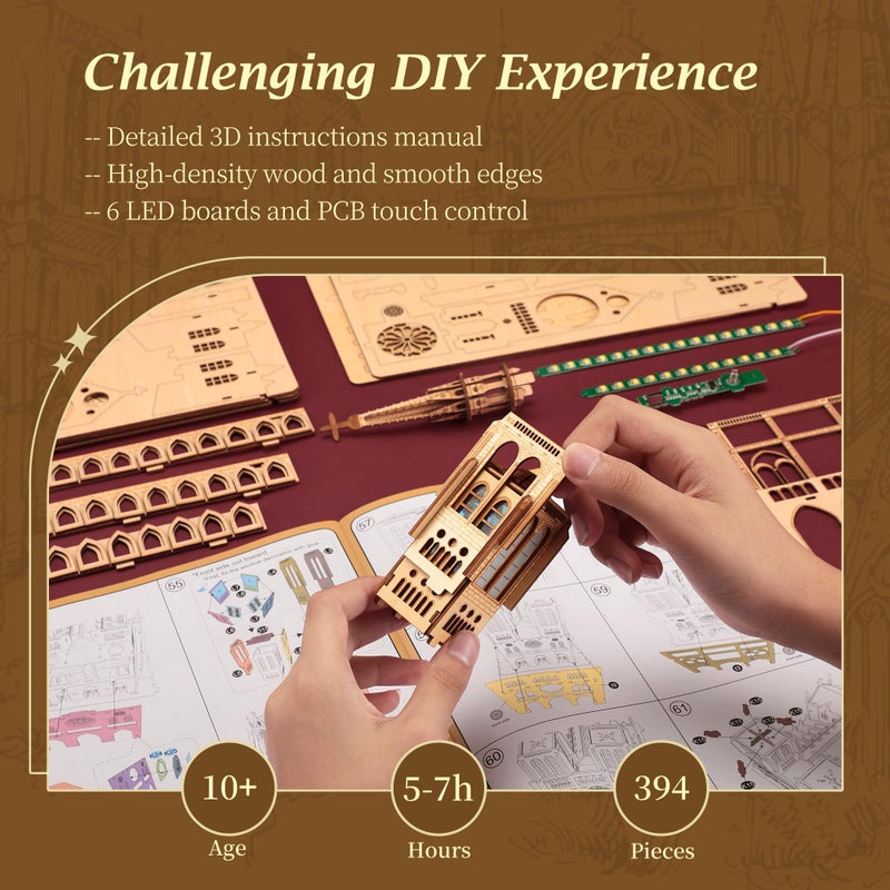 FUNPOLA LED 3D Wood Puzzle - Notre Dame de Paris Architecture Model-Night Edition with LED Lighting- DIY Building Model Craft Kit, Architecture Building Set - Image 5