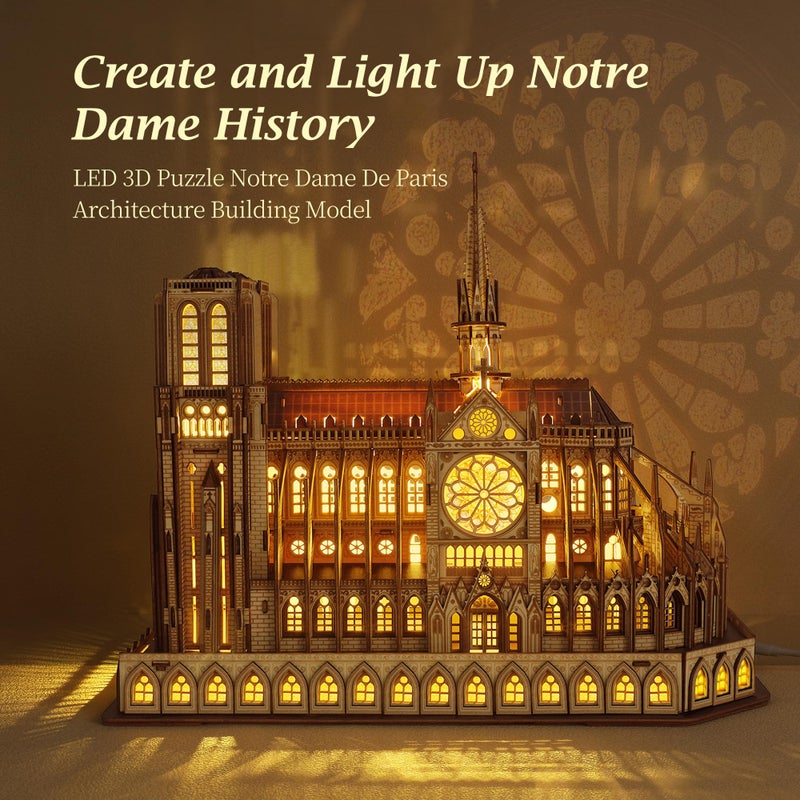 FUNPOLA LED 3D Wood Puzzle - Notre Dame de Paris Architecture Model-Night Edition with LED Lighting- DIY Building Model Craft Kit, Architecture Building Set - Image 2