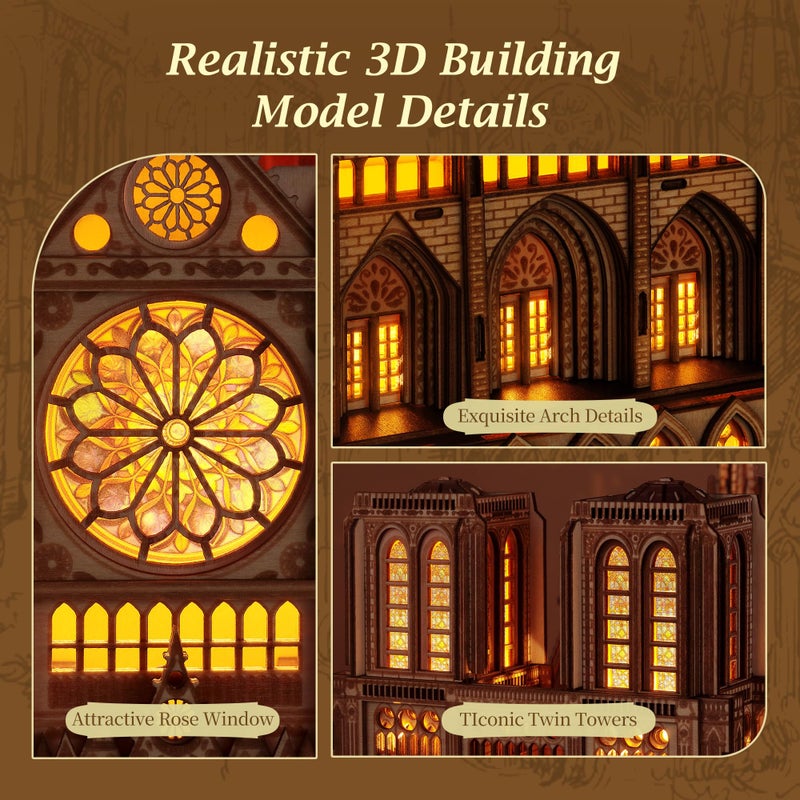 FUNPOLA LED 3D Wood Puzzle - Notre Dame de Paris Architecture Model-Night Edition with LED Lighting- DIY Building Model Craft Kit, Architecture Building Set - Image 4