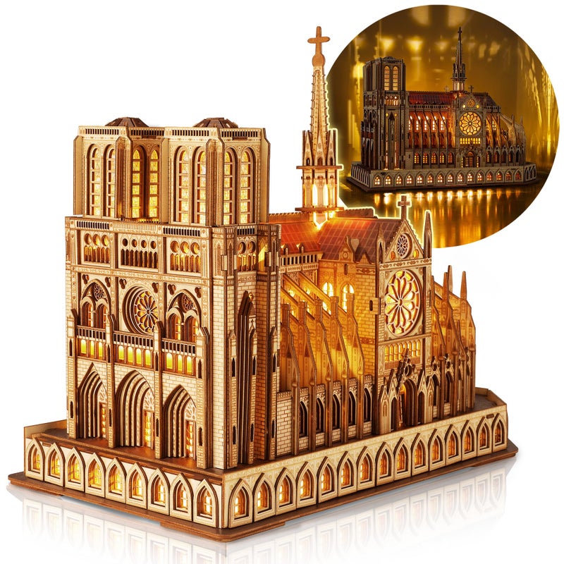 FUNPOLA LED 3D Wood Puzzle - Notre Dame de Paris Architecture Model-Night Edition with LED Lighting- DIY Building Model Craft Kit, Architecture Building Set - Image 1