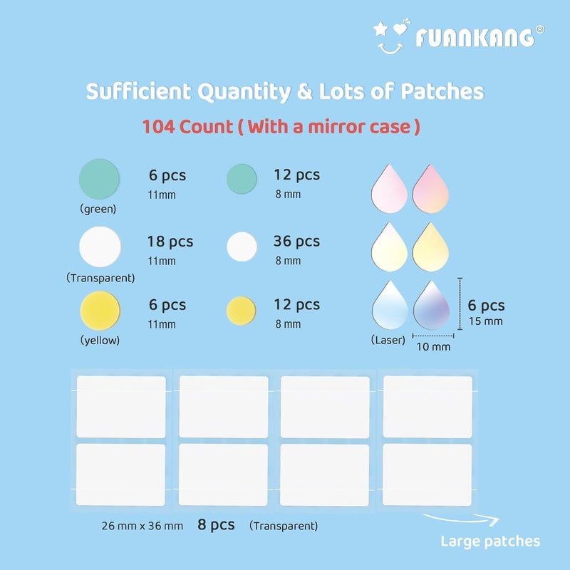 FUANKANG Pimple Patches for Face, Colorful Hydrocolloid Patches, Good for blemishes with a head and visible gunk , Cute Round Heart Acne Patch, 104 Count (With a mirror case) - Image 3