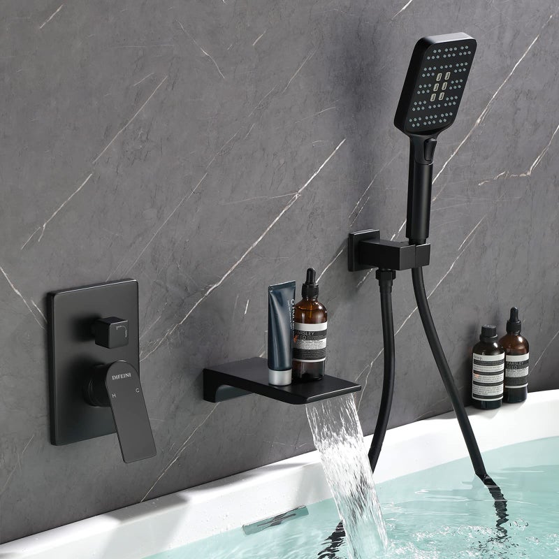 Wall Mount Waterfall Bathtub Faucets with Sprayer Tub Filler Faucet Tub Shower Faucet Set with Roughin Valve Trim Kit Matte Black