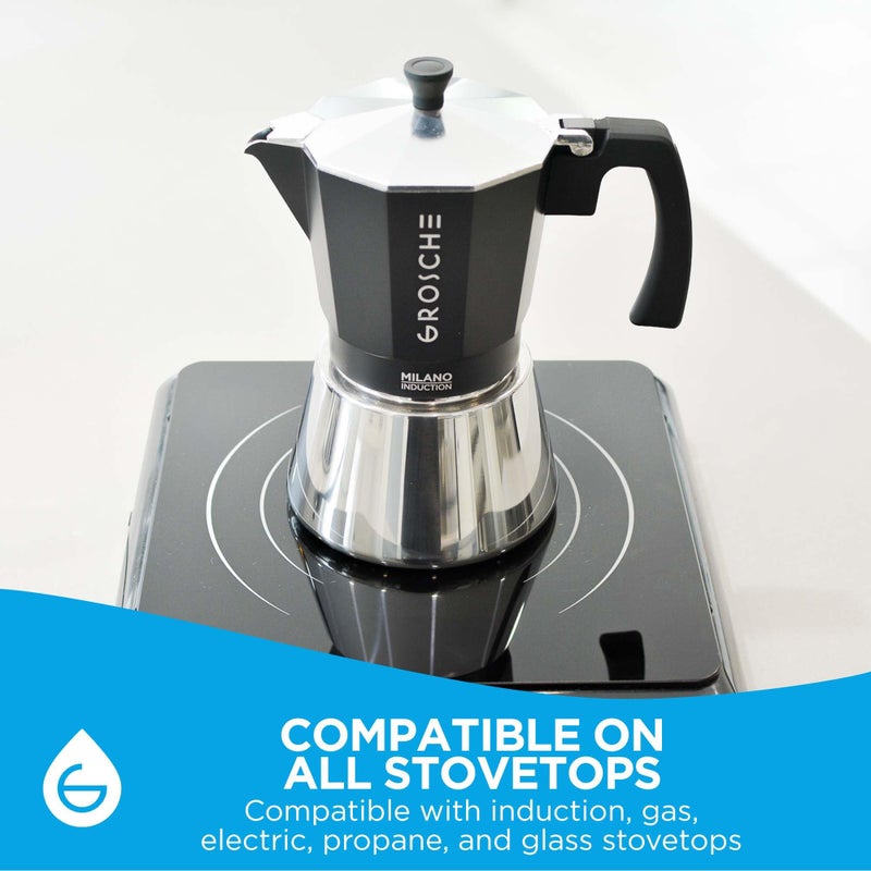 GROSCHE Milano Induction Stovetop Espresso Maker Moka Pot for Greca, Induction, Electric & Gas Stoves, Dishwasher Safe Stovetop Espresso Maker | 9 Espresso Cup, Black - Image 3