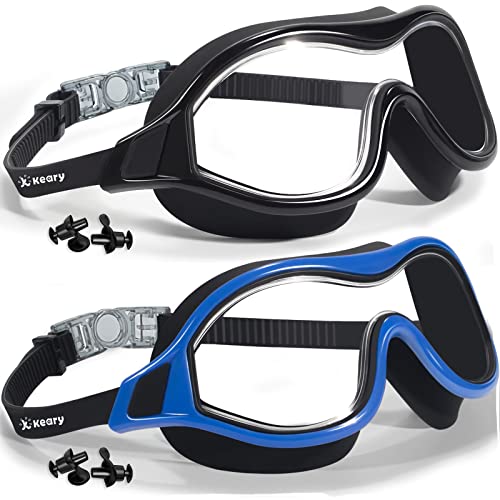 Keary 2 Pack Anti-Fog Swimming Goggles for Adult Men Women Youth - UV Protection No-Leak Mirror Big Frame Clear Vision Pool Water Glasses, Adults Underwater Mask with Clip on Back - Image 1