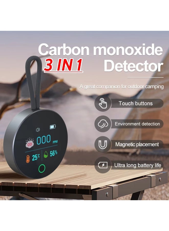 جهاز كشف أول أكسيد الكربون 3 في 1، شاشة LCD عالية الدقة، جهاز مراقبة جودة الهواء لأول أكسيد الكربون، بطارية 1000 مللي أمبير في الساعة، جهاز إنذار كاشف أول أكسيد الكربون، مستشعر درجة الحرارة والرطوبة، ضروري للسفر. - Image 1