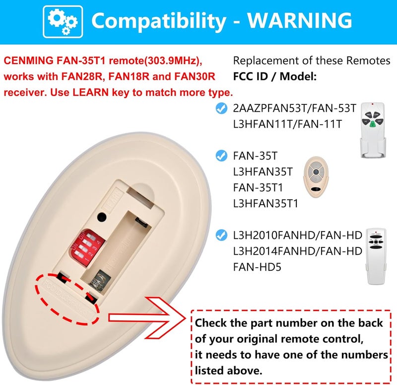 CENMING 35T1 Replacement Remote for Harbor Breeze Allen Roth Ceiling Fan Remote Control, w/Light Dimmer Learn Key 3-Speed 303.9MHz, Replace for L3HFAN35T 35T L3HFAN35T1 FAN-35T1(Remote Only) - Image 3