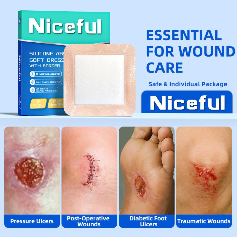 Niceful 6" x 6" Silicone Super Absorbent Wound Dressing (8 Count)- Gentle Border Large Bandages for Pressure Ulcer, Surgical Wounds, Heavy Exudate Wound Care Pads - Image 3