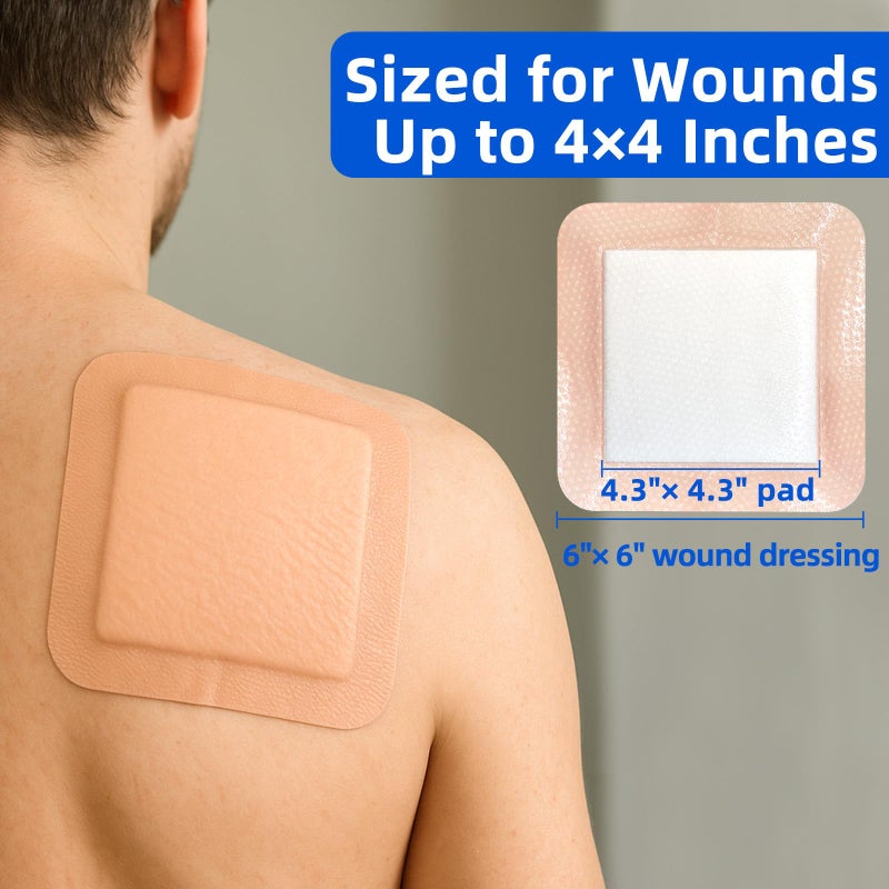 Niceful 6" x 6" Silicone Super Absorbent Wound Dressing (8 Count)- Gentle Border Large Bandages for Pressure Ulcer, Surgical Wounds, Heavy Exudate Wound Care Pads - Image 2