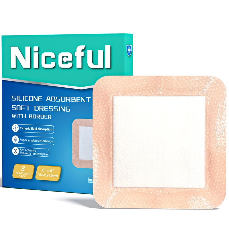 Niceful 6" x 6" Silicone Super Absorbent Wound Dressing (8 Count)- Gentle Border Large Bandages for Pressure Ulcer, Surgical Wounds, Heavy Exudate Wound Care Pads - Image 1