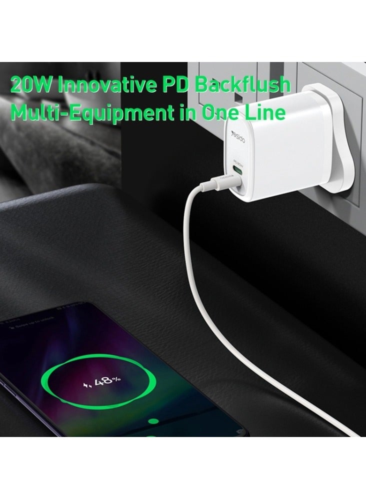 يسيدو شاحن سفر Yesido YC90 بقدرة 12 وات USB-C إلى شاحن حائط سريع الشحن باللون الأبيض - Image 4