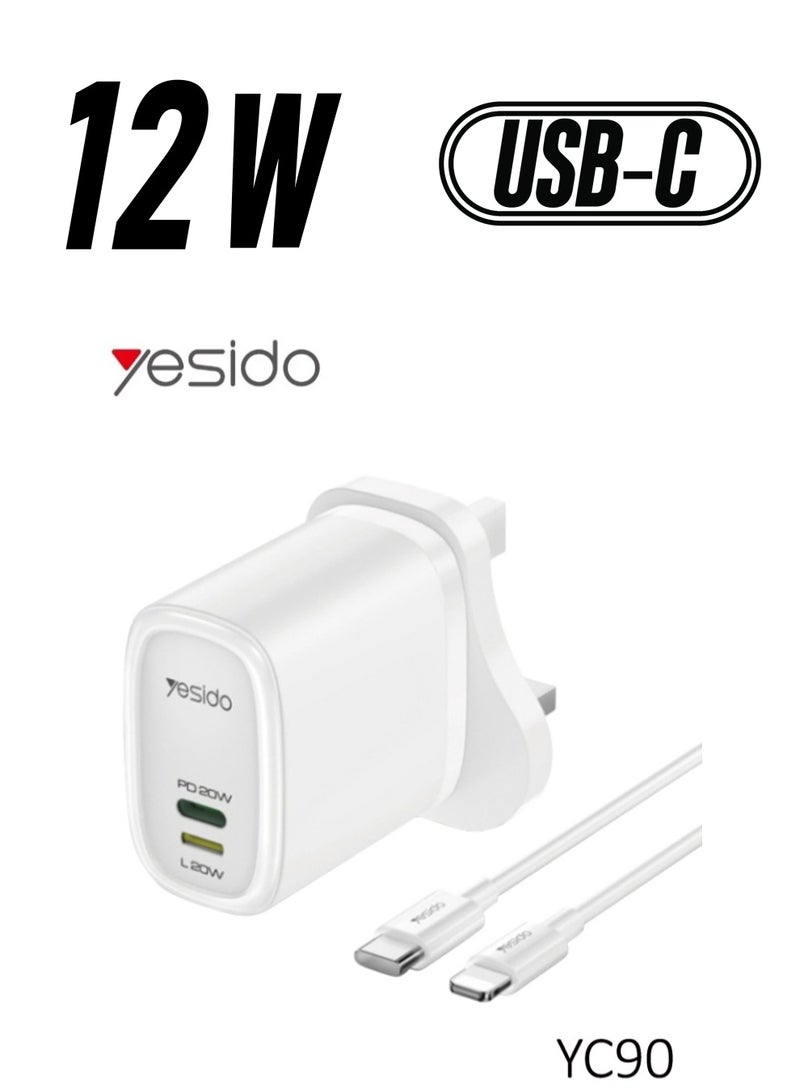 يسيدو شاحن سفر Yesido YC90 بقدرة 12 وات USB-C إلى شاحن حائط سريع الشحن باللون الأبيض - Image 1