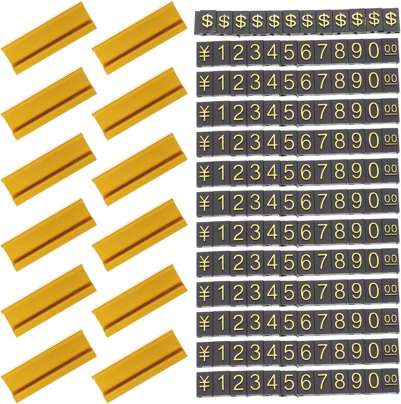 Excefore 12 Sets Price Tag, Price Display Counter Stand Tag, Adjustable Number And Base Price Cube Display For Jewelry, Watch, Ring, Dollar Pricing Label Stand Kit, Golden - Image 1