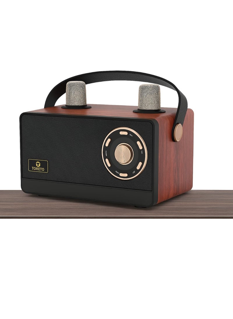 Toreto JAMBOX TOR-456 30W Portable Bluetooth Speaker with Dual Wireless Mic, Wooden Finish, Deep Bass, 2000mAh Battery, USB/TF/AUX/Type-C, 5H Playtime, Karaoke & Party Speaker  - Image 1