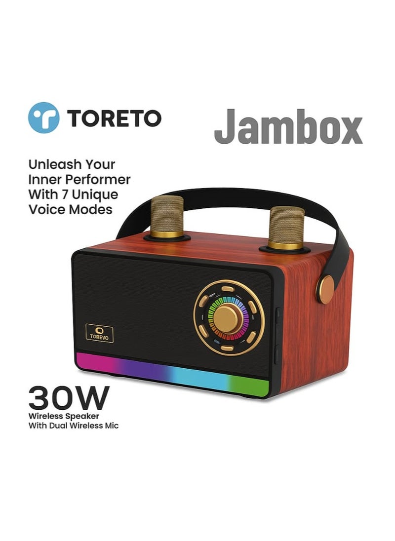 Toreto JAMBOX TOR-456 30W Portable Bluetooth Speaker with Dual Wireless Mic, Wooden Finish, Deep Bass, 2000mAh Battery, USB/TF/AUX/Type-C, 5H Playtime, Karaoke & Party Speaker  - Image 2
