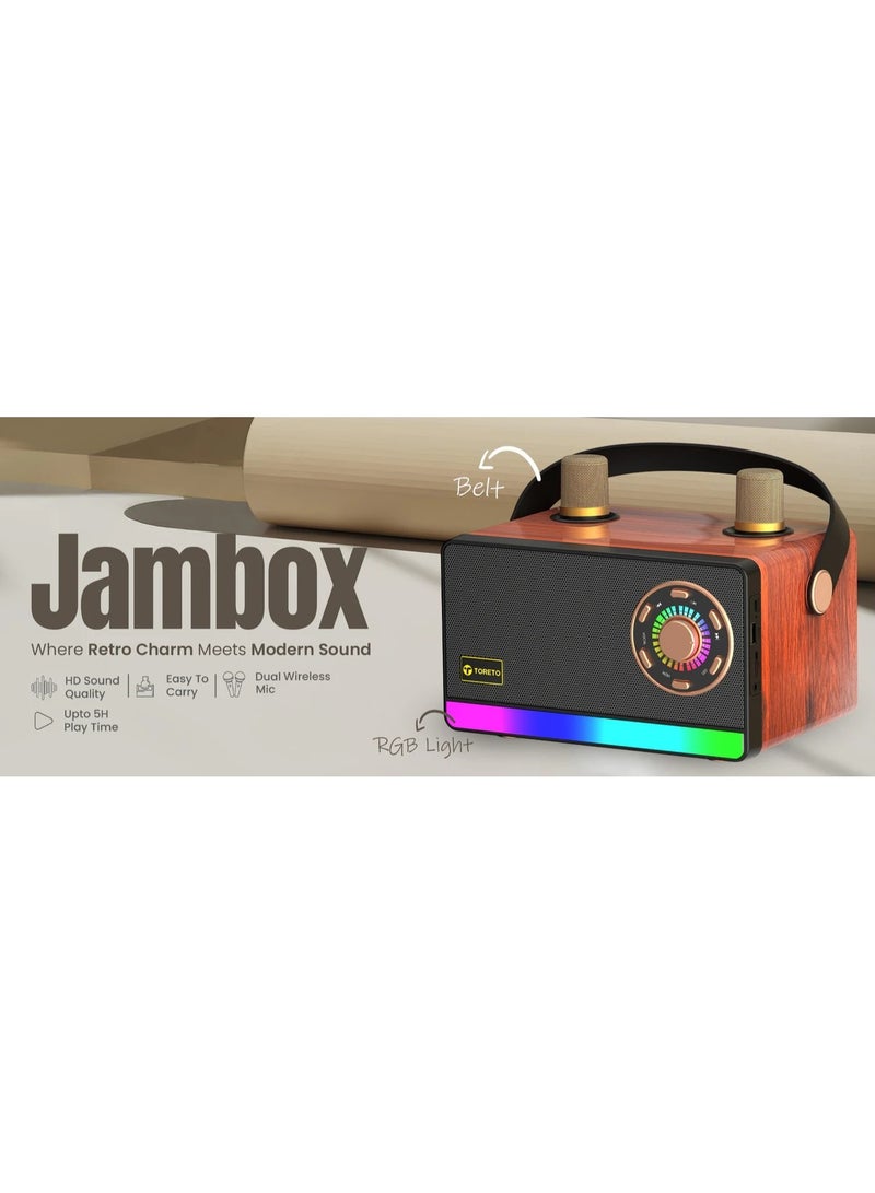 Toreto JAMBOX TOR-456 30W Portable Bluetooth Speaker with Dual Wireless Mic, Wooden Finish, Deep Bass, 2000mAh Battery, USB/TF/AUX/Type-C, 5H Playtime, Karaoke & Party Speaker - Image 5