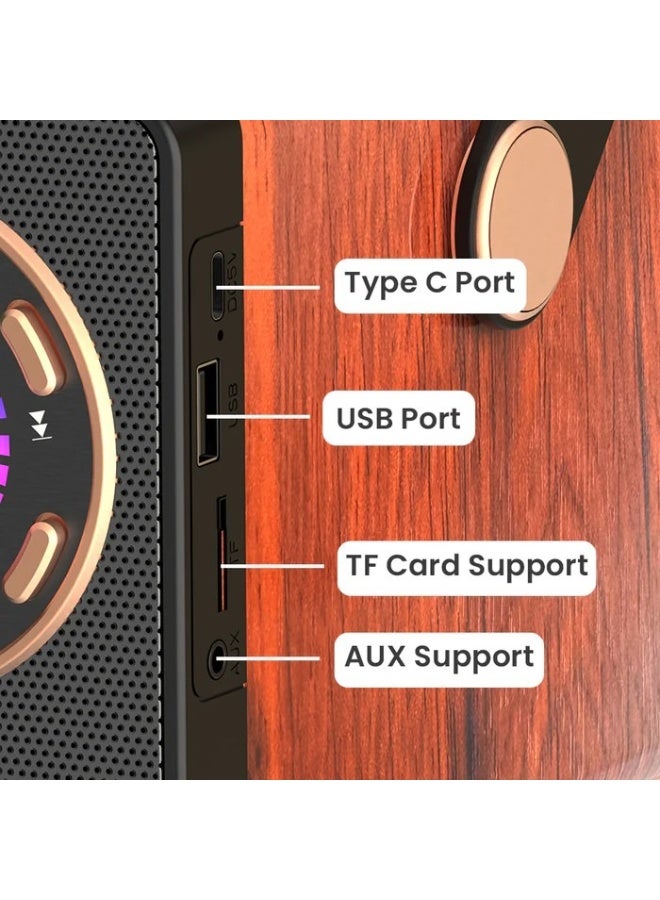 Toreto JAMBOX TOR-456 30W Portable Bluetooth Speaker with Dual Wireless Mic, Wooden Finish, Deep Bass, 2000mAh Battery, USB/TF/AUX/Type-C, 5H Playtime, Karaoke & Party Speaker - Image 4