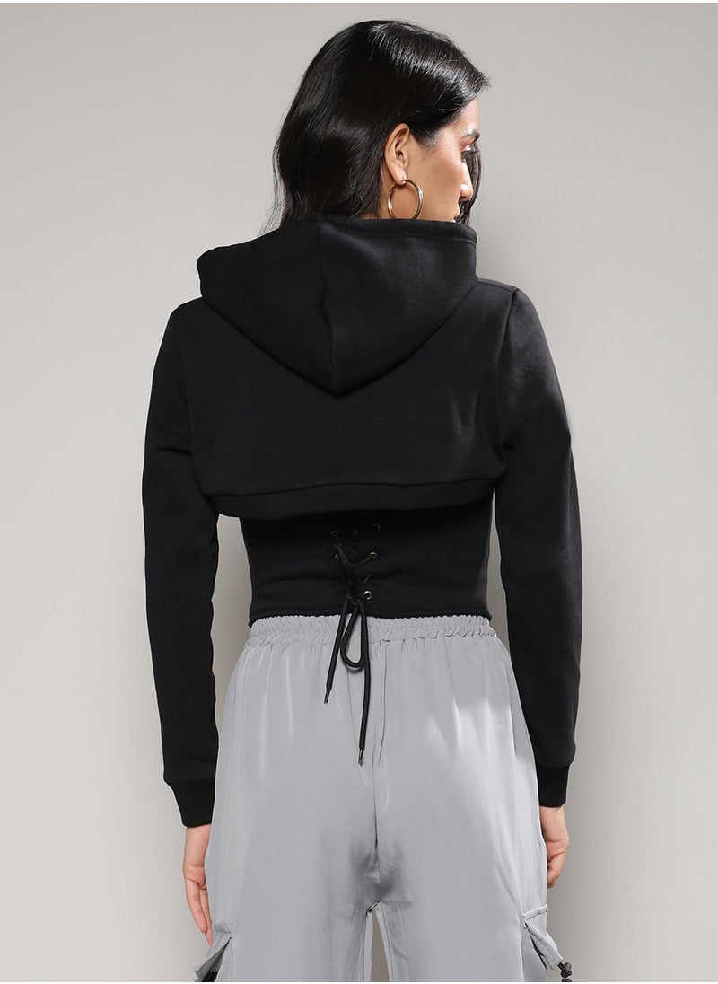 Campus Sutra Campus Sutra Women's Black Fleece corset topWith Ultra Cropped Hoodie For Casual Wear | Set Of 2 | Sweetheart Neck | Long Sleeve | Tie-Up Closure | Top Crafted With Comfort Fit For Everyday Wear  - Image 5