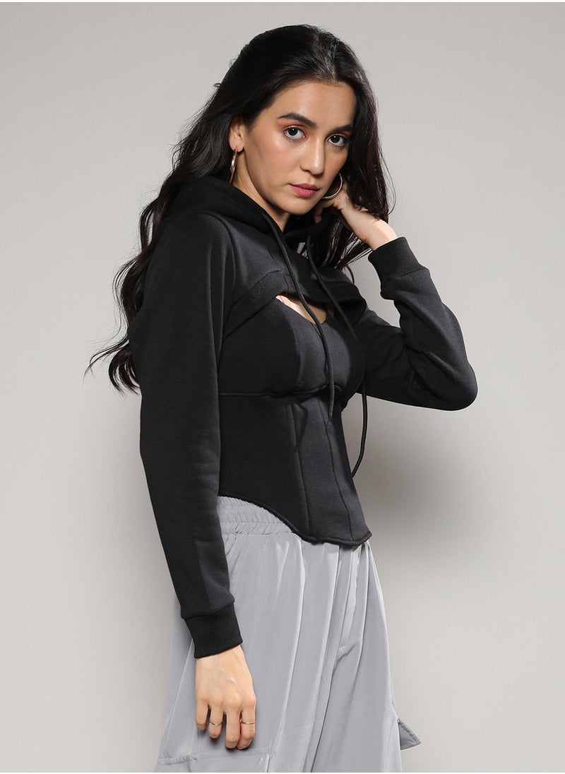 Campus Sutra Campus Sutra Women's Black Fleece corset topWith Ultra Cropped Hoodie For Casual Wear | Set Of 2 | Sweetheart Neck | Long Sleeve | Tie-Up Closure | Top Crafted With Comfort Fit For Everyday Wear  - Image 3