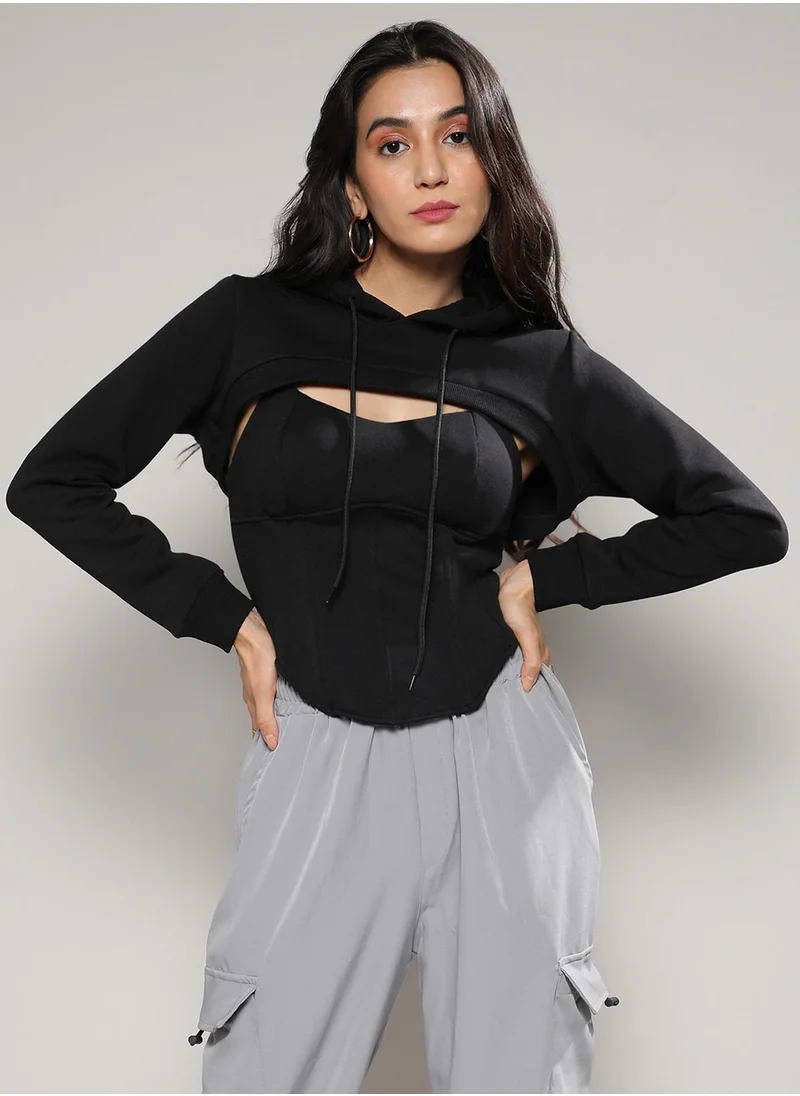 كامبوس سوترا Campus Sutra Women's Black Fleece corset topWith Ultra Cropped Hoodie For Casual Wear | Set Of 2 | Sweetheart Neck | Long Sleeve | Tie-Up Closure | Top Crafted With Comfort Fit For Everyday Wear