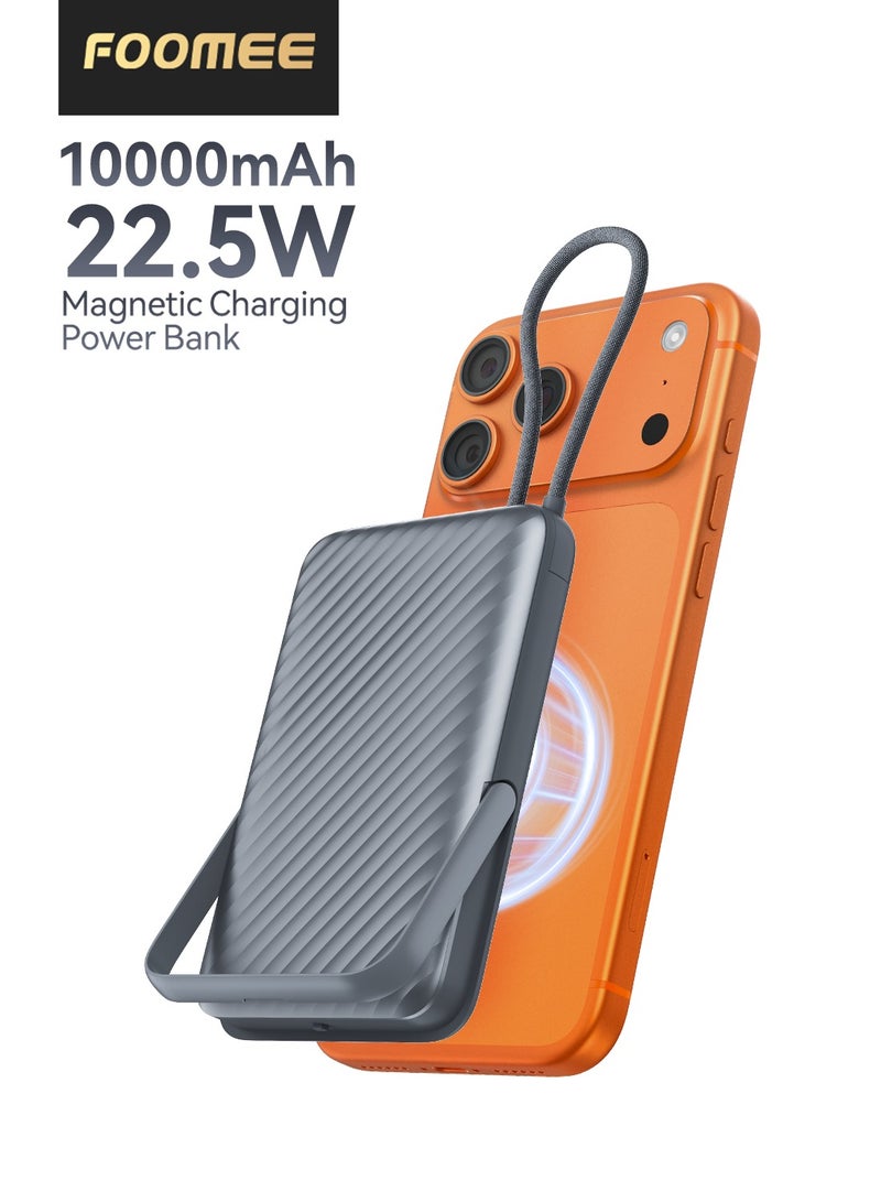 FOOMEE 10,000 mAh Magnetic Wireless Portable Power Bank for iPhone with Stand, LED Display,with USB-C Integrated Cable,15W Magnetic Wireless Fast Charging, Compatible with iPhone 17promax/16pro/16/15/14/13/12 Series, Samsung, and Xiaomi - Image 1
